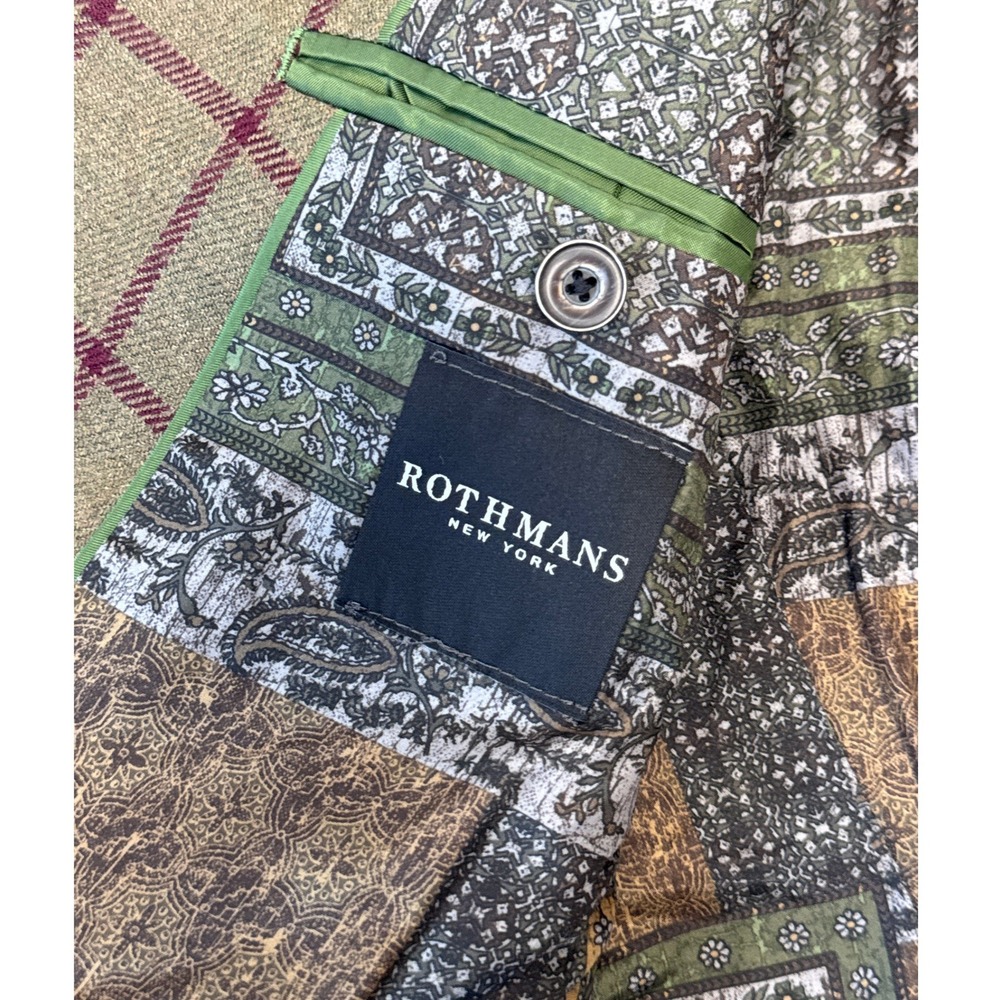 Tallia Rothmans New York Mens 40R Wool Blazer Olive Green Burgundy Plaid Jacket - Picture 7 of 10